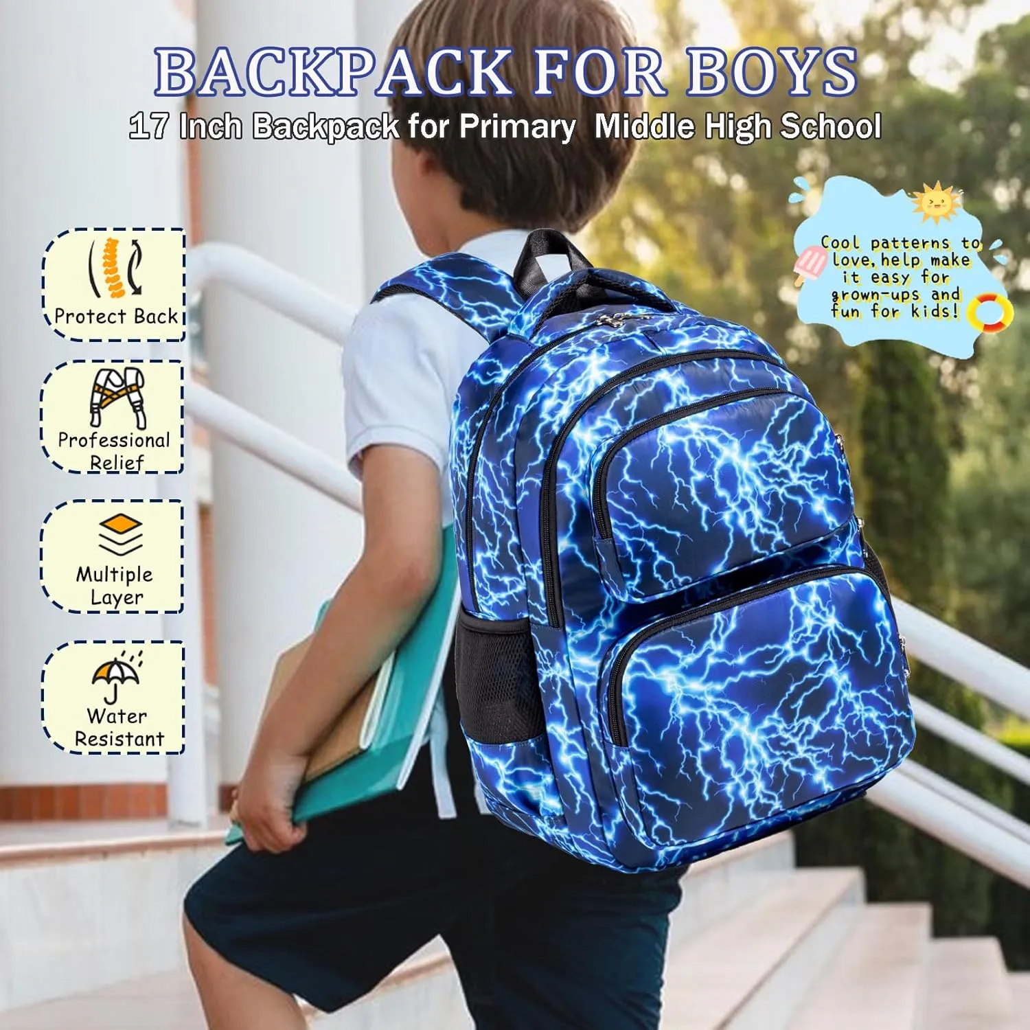 School Backpack for Boys Girls, Teens Bookbag with Lunch Box Set Kids Backpack Elementary Middle Teens School Bag