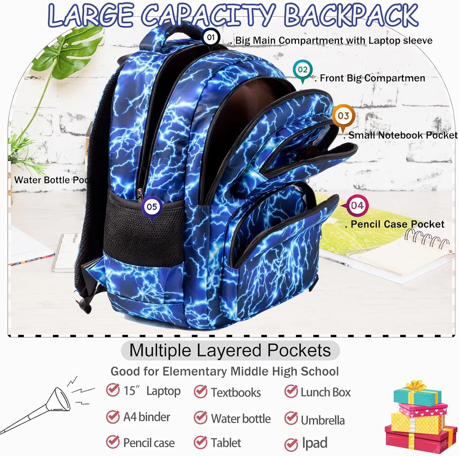 School Backpack for Boys Girls, Teens Bookbag with Lunch Box Set Kids Backpack Elementary Middle Teens School Bag