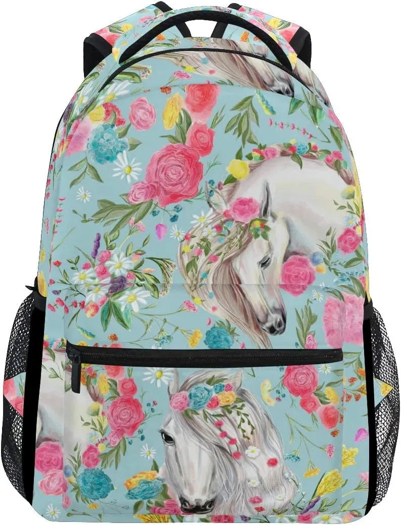 School Backpacks Flower Horse Student Backpack Big For Girls Kids Elementary School Shoulder Bag Bookbag