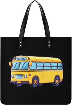 School Bus Womens PU Leather Tote Bag Large Capacity Shoulder Purse Versatile Handbags