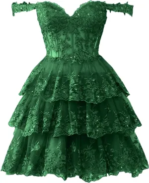 Sevintage Off Shoulder Lace Sparkly Tulle Homecoming Dress Short 2025 Corset Tiered Formal Party Gown