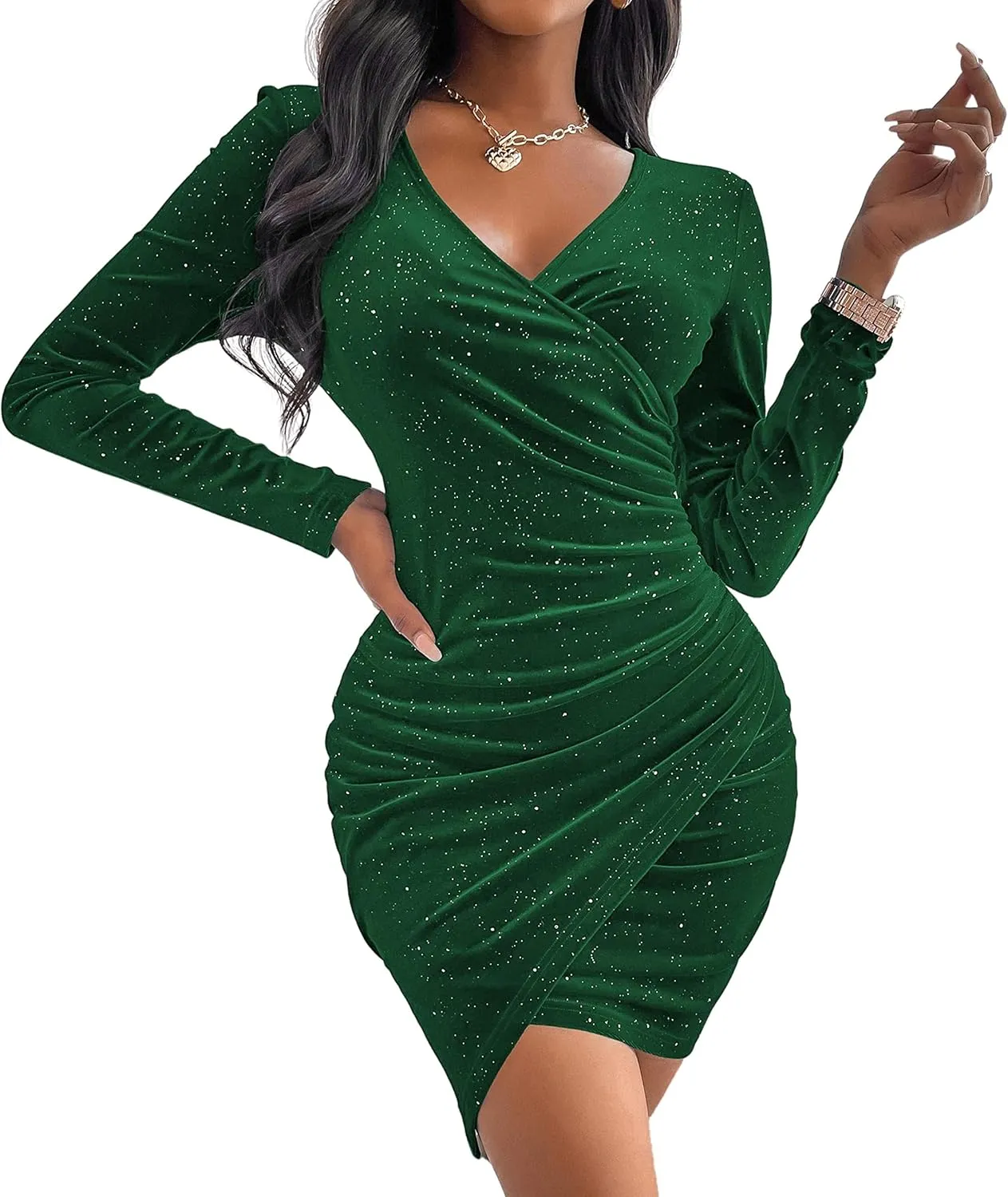 Sexyasasii Women's Mini Wrap Dress V Neck Long Sleeve Velvet Bodycon Glitter Ruched Cocktail Party Dresses