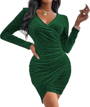 Sexyasasii Women's Mini Wrap Dress V Neck Long Sleeve Velvet Bodycon Glitter Ruched Cocktail Party Dresses