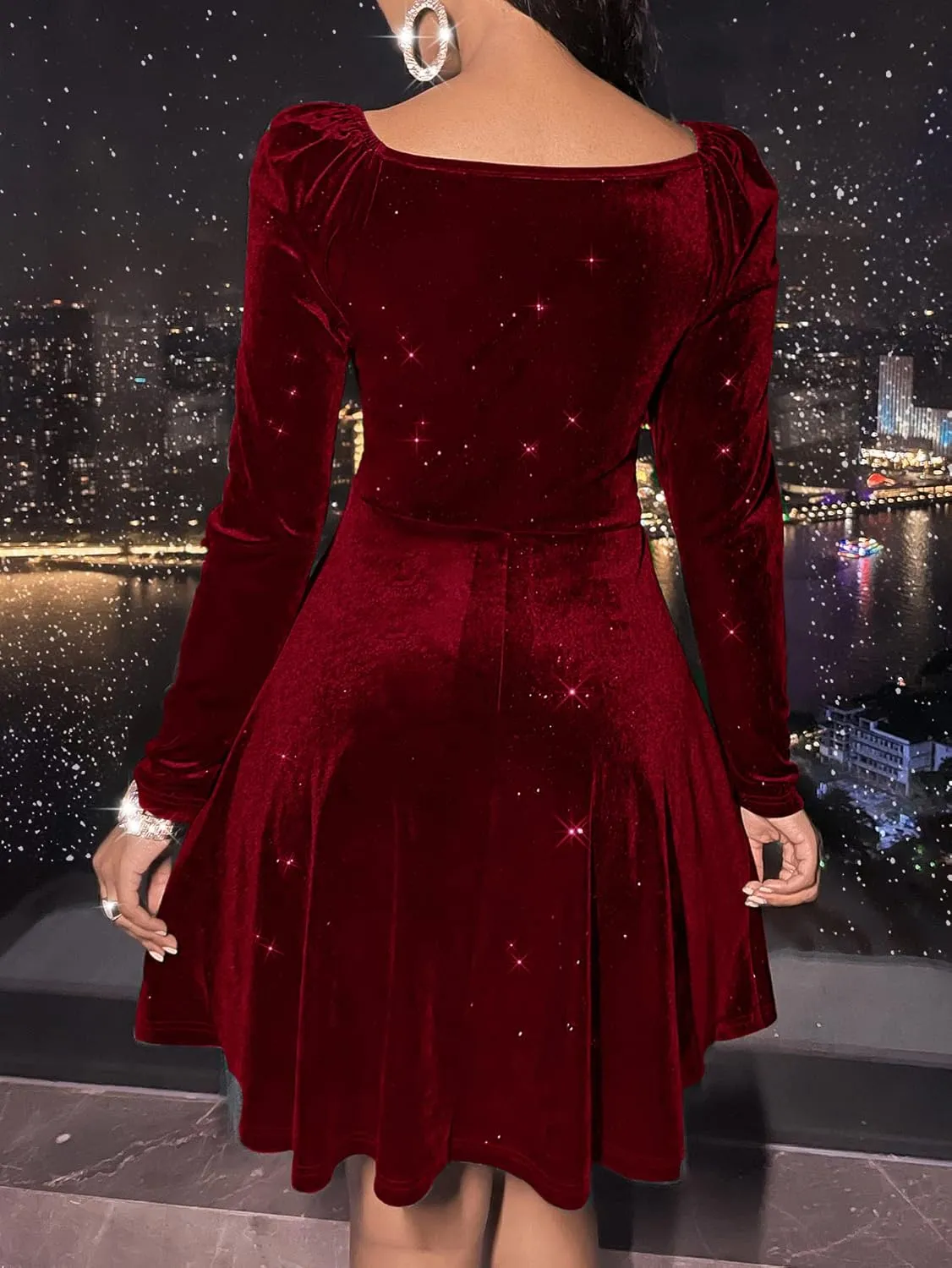 Sexyasasii Womens Wrap V Neck Long Sleeve Velvet Glitter A Line Cocktail Party Swing Fit and Flare Skater Mini Dress