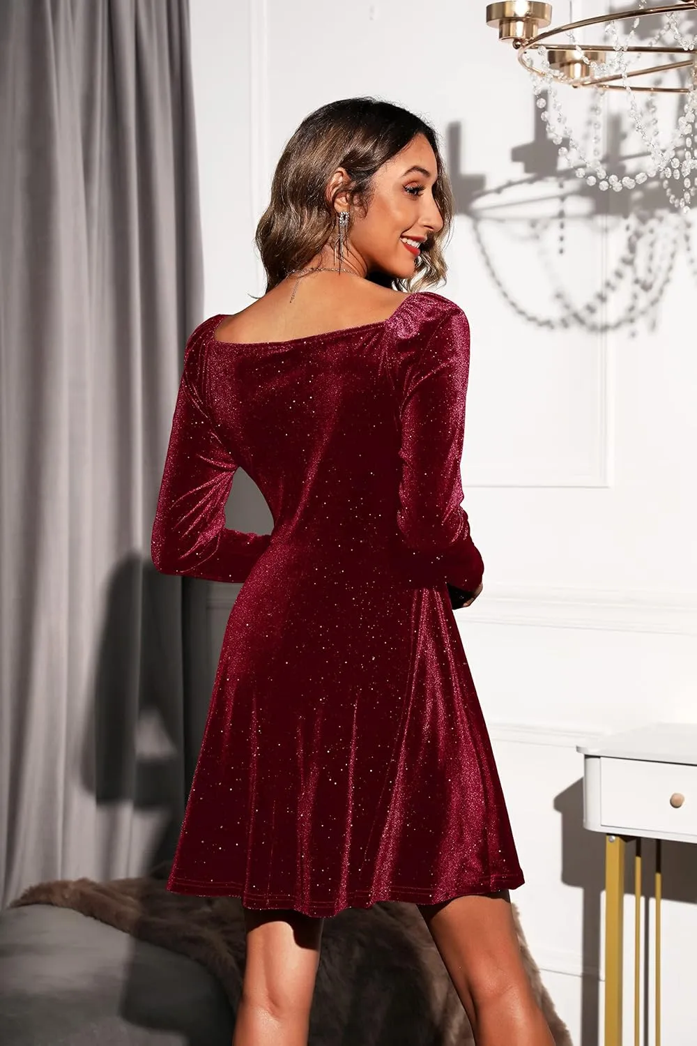 Sexyasasii Womens Wrap V Neck Long Sleeve Velvet Glitter A Line Cocktail Party Swing Fit and Flare Skater Mini Dress