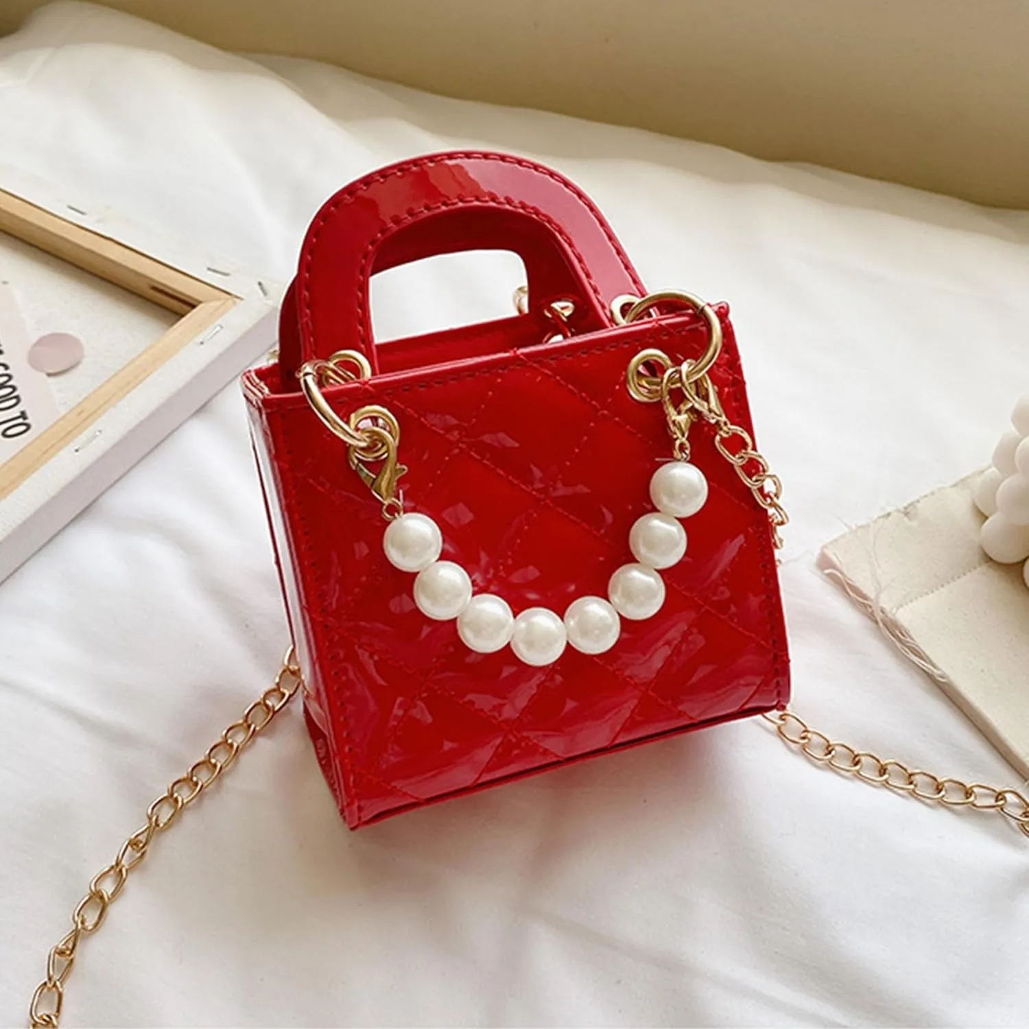 Shiny Patent Kids Little Girls Crossbody Purse Toddler Gifts Mini Top Handle Handbag Satchel Shoulder Pearl Bag Kids Presents