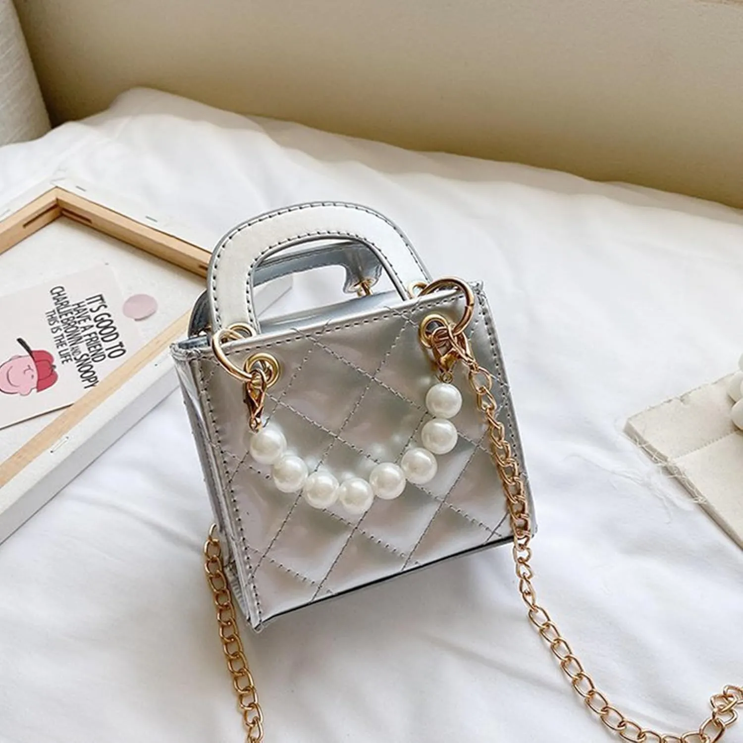 Shiny Patent Kids Little Girls Crossbody Purse Toddler Gifts Mini Top Handle Handbag Satchel Shoulder Pearl Bag Kids Presents