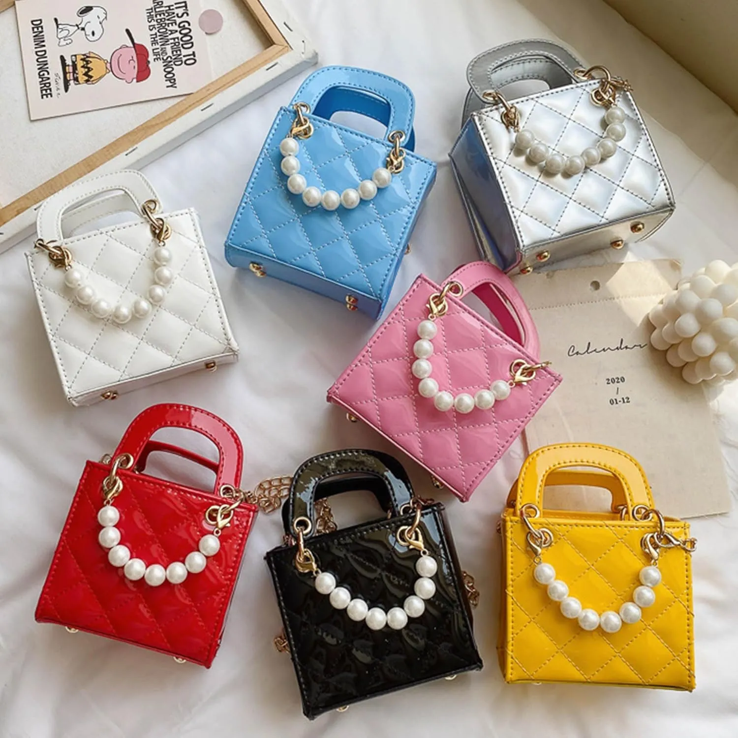 Shiny Patent Kids Little Girls Crossbody Purse Toddler Gifts Mini Top Handle Handbag Satchel Shoulder Pearl Bag Kids Presents
