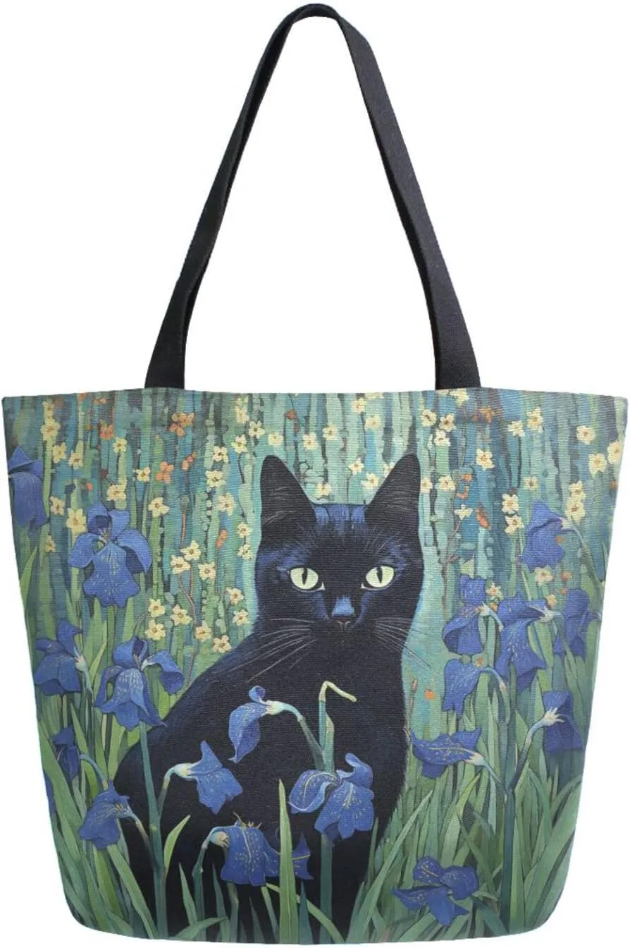 Shoulder Bag for Women Canvas Tote Bag Black Cat in Green Bush Handbags for Mom Sister Teacher Friend