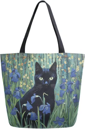 Shoulder Bag for Women Canvas Tote Bag Black Cat in Green Bush Handbags for Mom Sister Teacher Friend