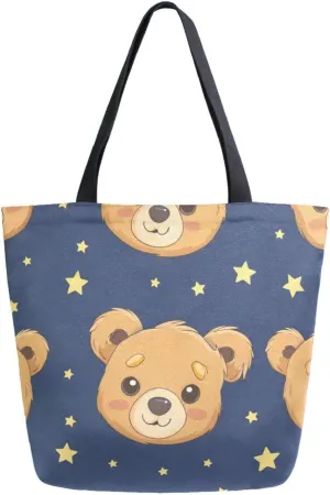 Shoulder Bag for Women Canvas Tote Bag Shy Bears Stars Handbags for Mom Sister Teacher Friend