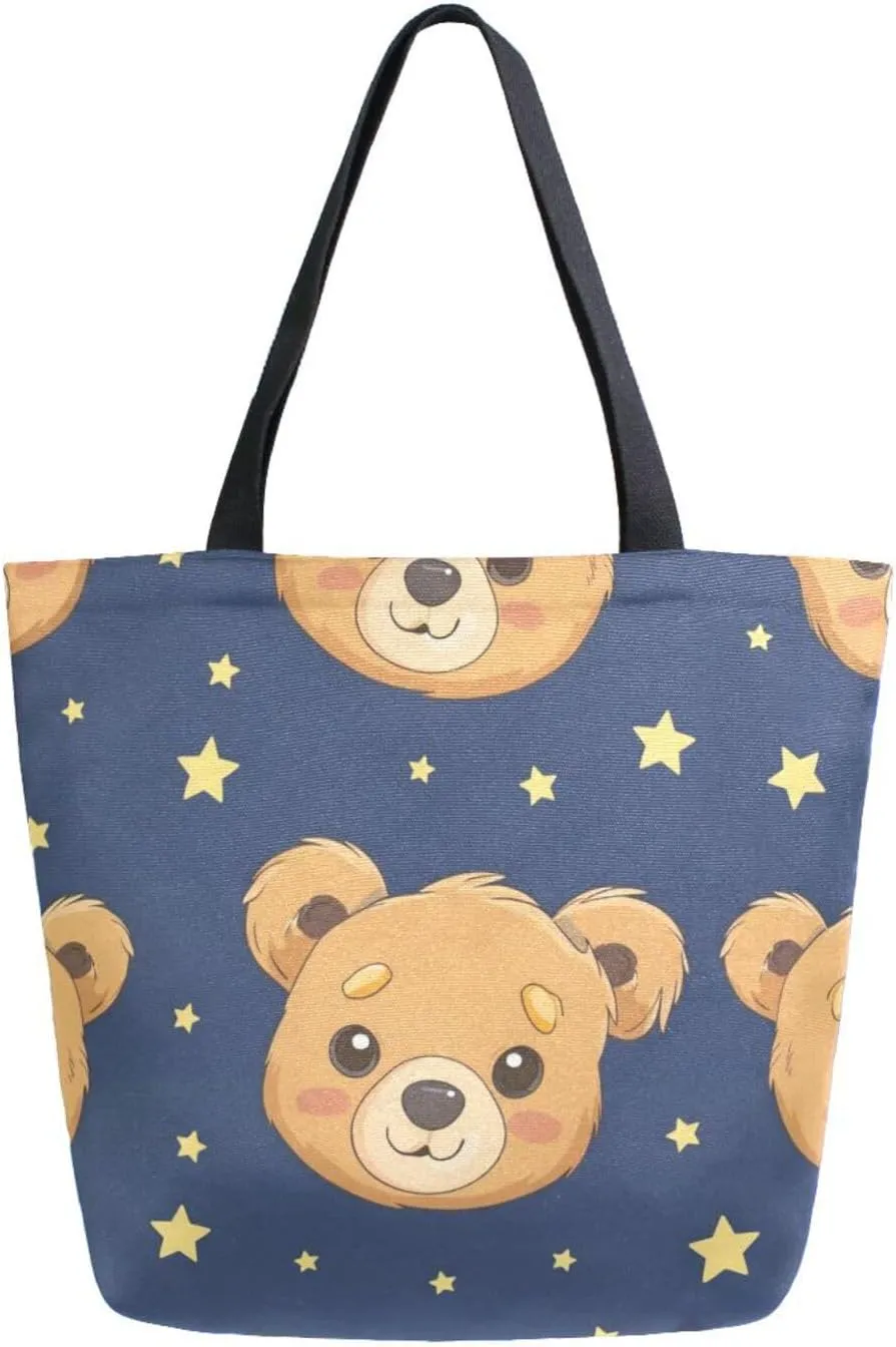 Shoulder Bag for Women Canvas Tote Bag Shy Bears Stars Handbags for Mom Sister Teacher Friend