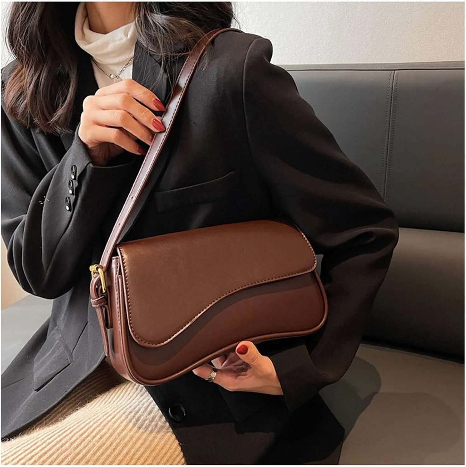 Shoulder Bag for Women Y2K Trendy Purse Vegan Leather Hobo Handbags Clutch Saddle Bag with 2 Removable Strap