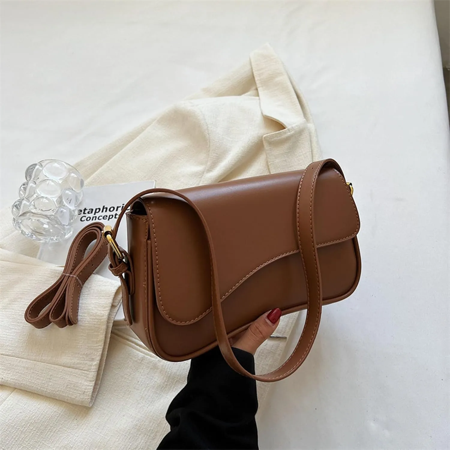 Shoulder Bag for Women Y2K Trendy Purse Vegan Leather Hobo Handbags Clutch Saddle Bag with 2 Removable Strap