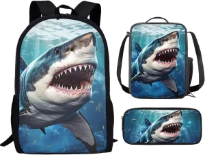 Showudesigns Shark Backpack for Boys Girls School Bag Teens Rucksack Set Lunch Bag Pencil Case Elementary Bookbag Blue Ocean Theme School Backpacks Bookbag