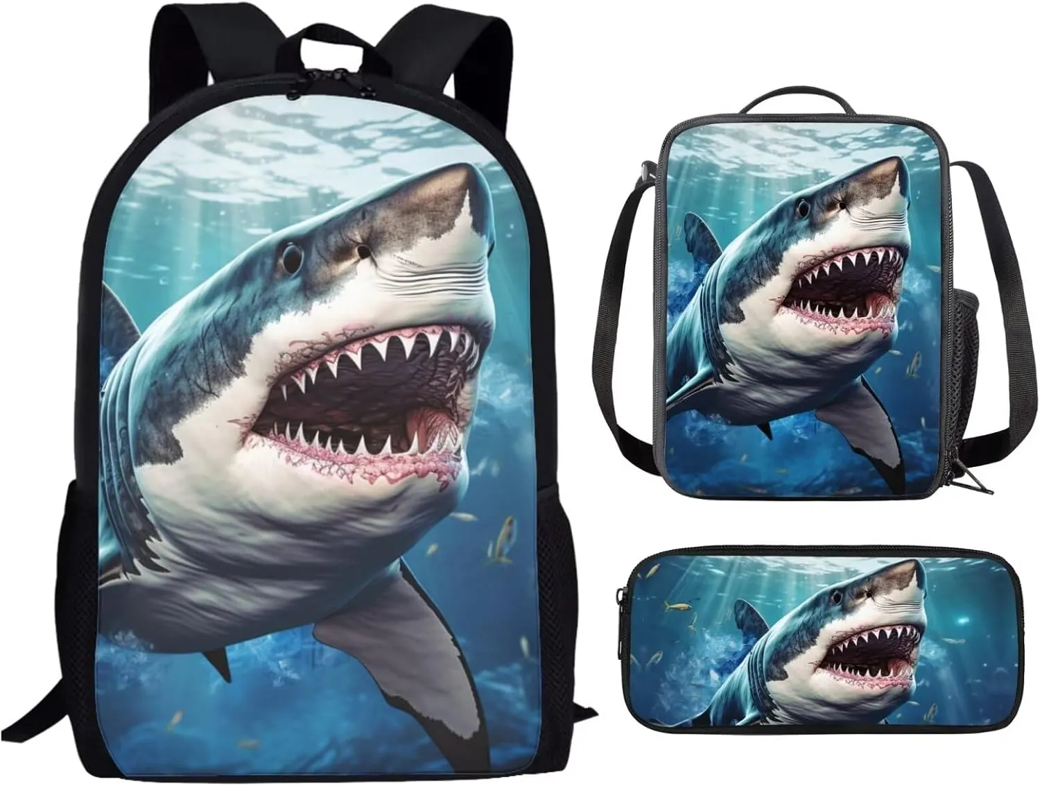 Showudesigns Shark Backpack for Boys Girls School Bag Teens Rucksack Set Lunch Bag Pencil Case Elementary Bookbag Blue Ocean Theme School Backpacks Bookbag