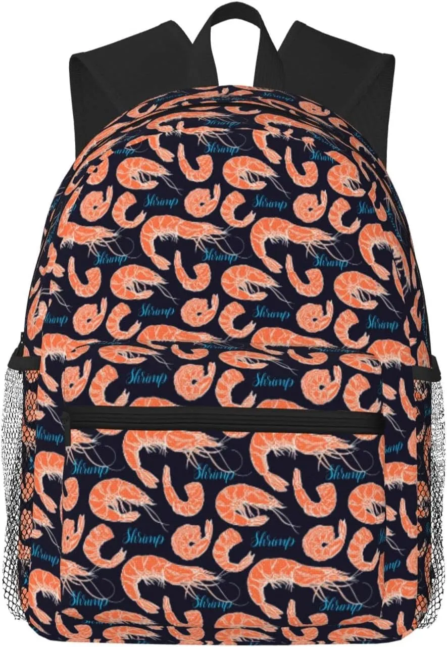 Shrimp Pattern Sea Food Backpack for Women Men Worker Teacher Business Travel Backpacks Shoulders Bag Daypack Bookbag with Mesh Pockets