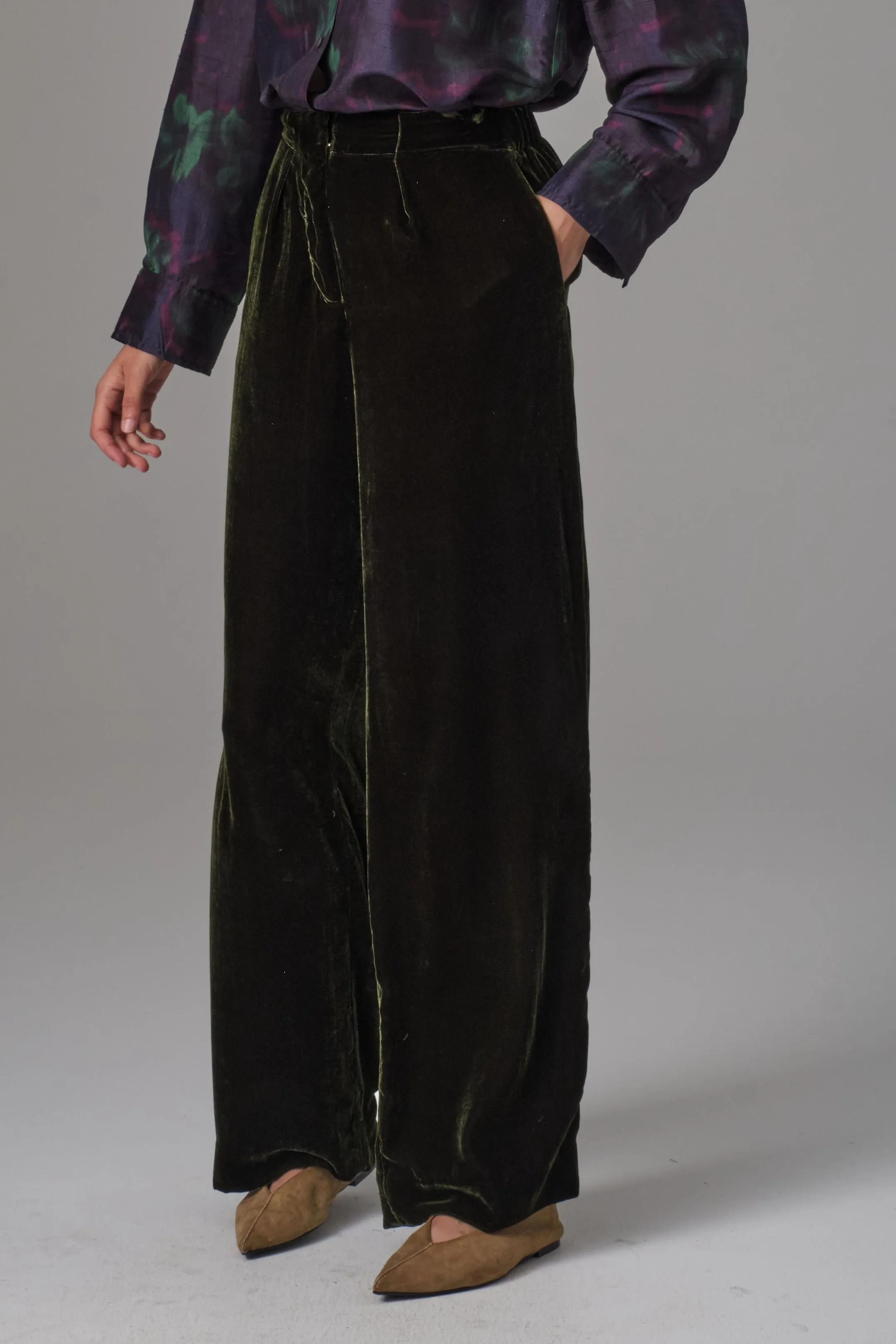 Silk Velvet Evening Pant - Olive