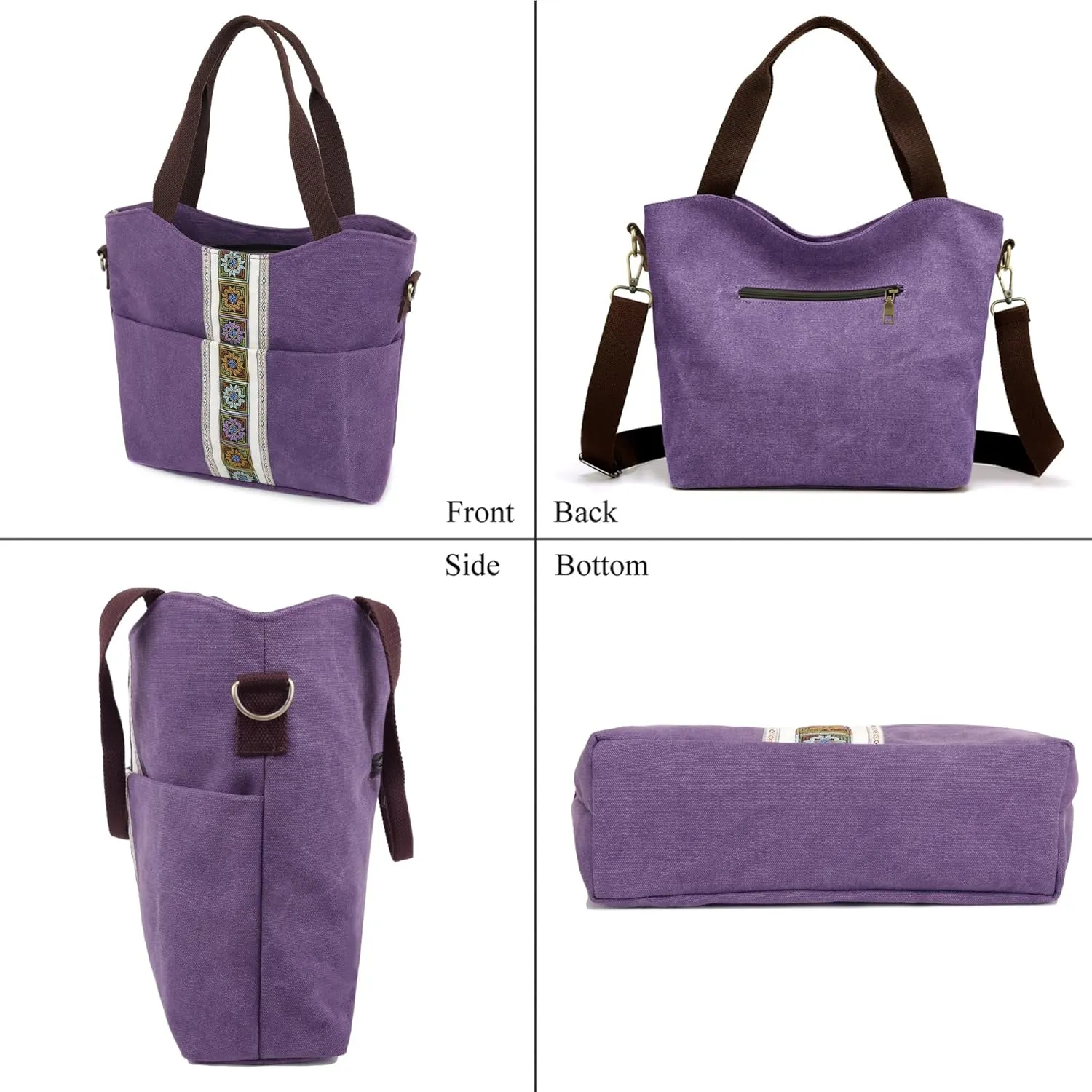 SILKAREA Women's Canvas Large Tote Bag Embroidered Shoulder Bag Multi Pocket Crossbody Bag Top Handle Bag Handbag Hobo Purse