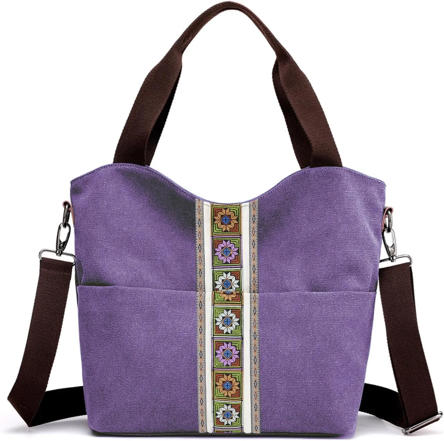 SILKAREA Women's Canvas Large Tote Bag Embroidered Shoulder Bag Multi Pocket Crossbody Bag Top Handle Bag Handbag Hobo Purse