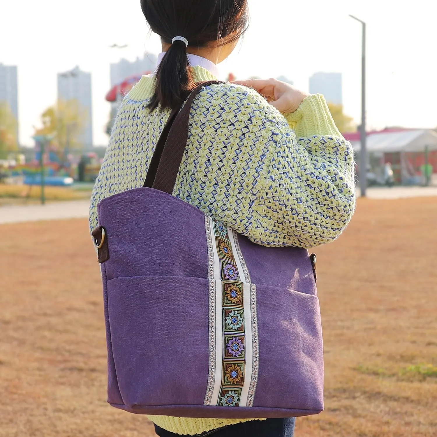 SILKAREA Women's Canvas Large Tote Bag Embroidered Shoulder Bag Multi Pocket Crossbody Bag Top Handle Bag Handbag Hobo Purse