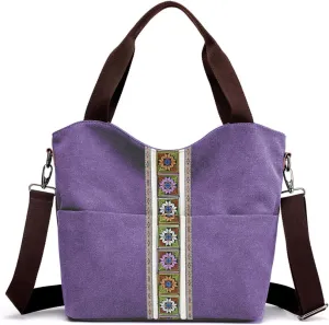 SILKAREA Women's Canvas Large Tote Bag Embroidered Shoulder Bag Multi Pocket Crossbody Bag Top Handle Bag Handbag Hobo Purse