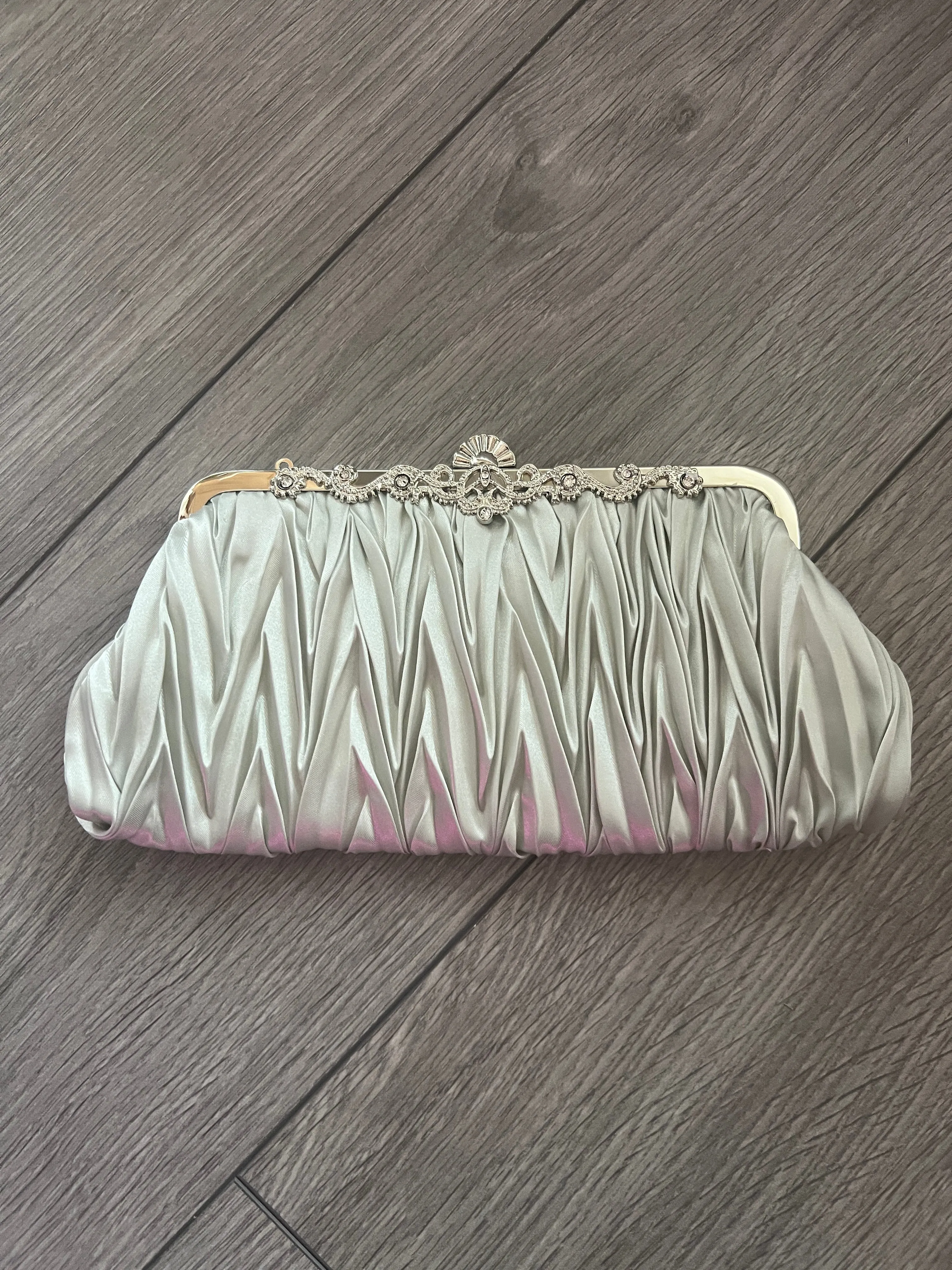 Silver Satin Art Deco Detail Clutch Bag