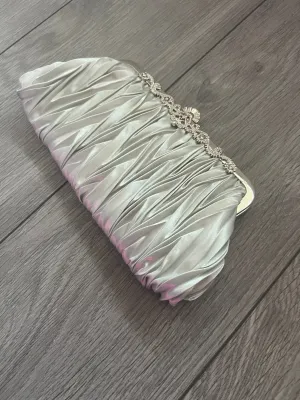 Silver Satin Art Deco Detail Clutch Bag