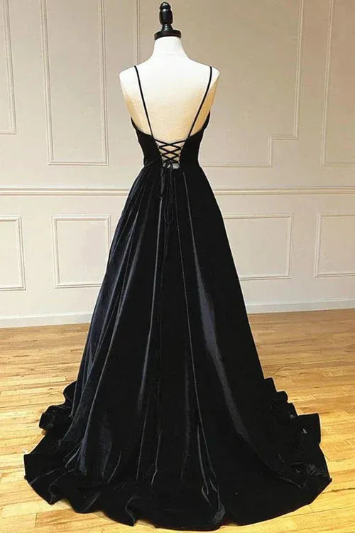 Simple Black Velvet Long Prom Dress Fashion Black Evening Dress