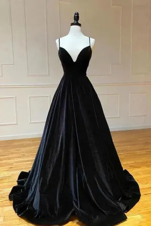 Simple Black Velvet Long Prom Dress Fashion Black Evening Dress