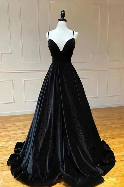 Simple Black Velvet Long Prom Dress Fashion Black Evening Dress