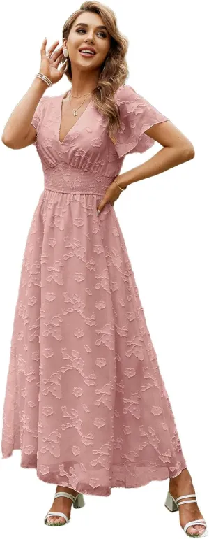 Simplee Women's Boho Floral Maxi Dress Flowy Casual V Neck Short Sleeve Wedding Guest Holiday Beach Long Dress