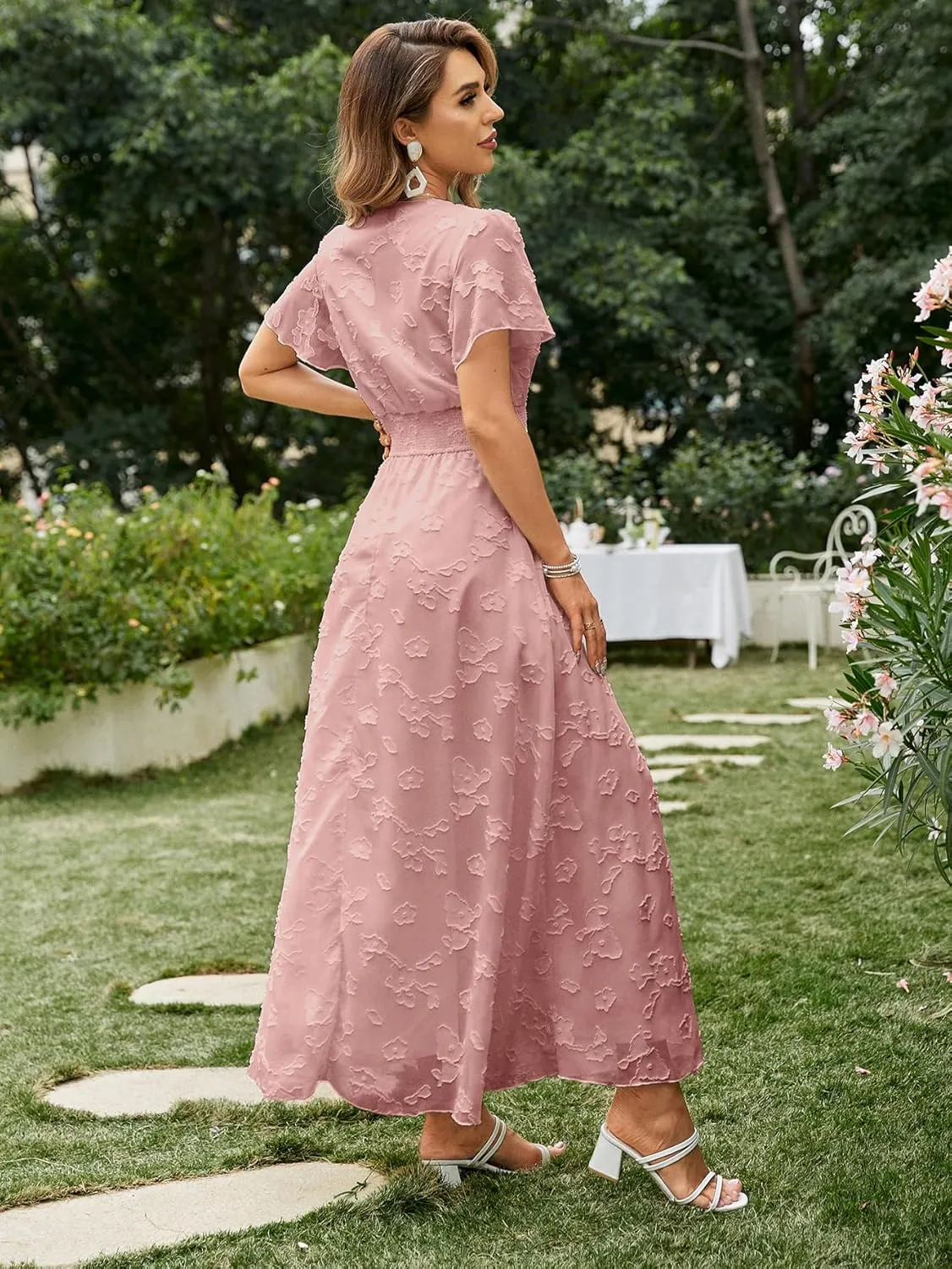 Simplee Women's Boho Floral Maxi Dress Flowy Casual V Neck Short Sleeve Wedding Guest Holiday Beach Long Dress