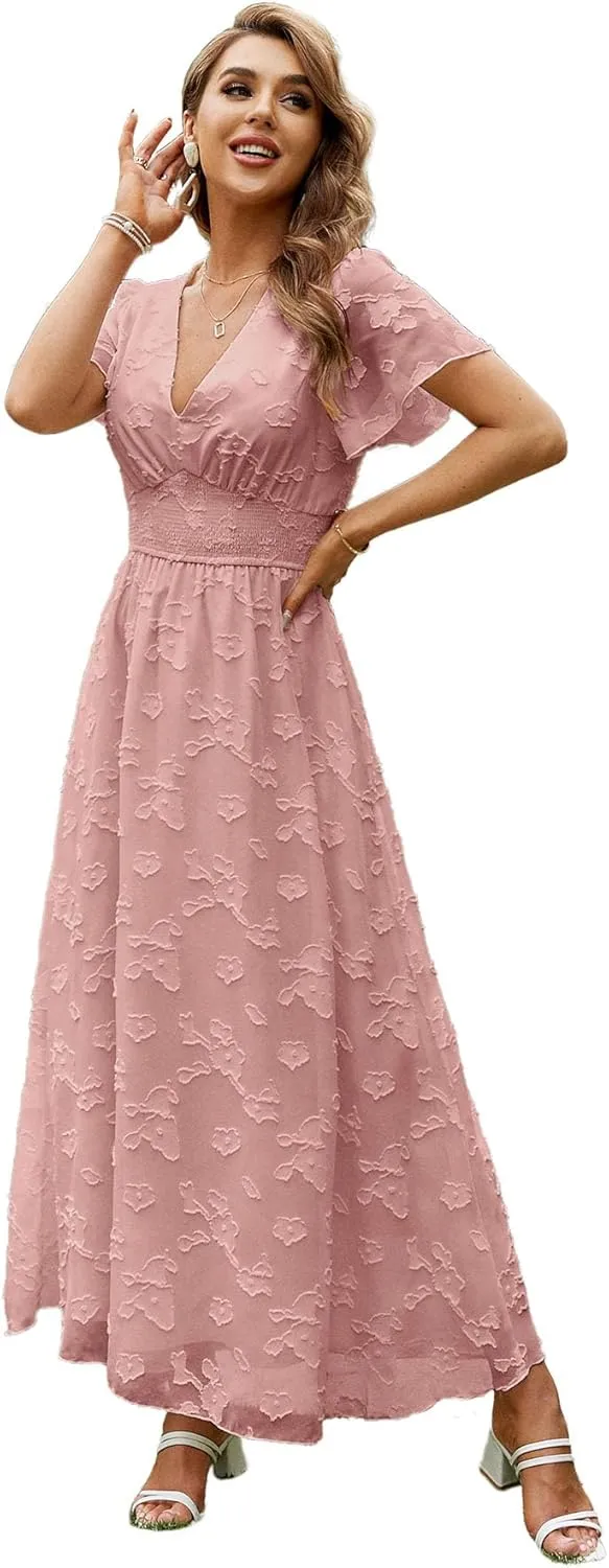 Simplee Women's Boho Floral Maxi Dress Flowy Casual V Neck Short Sleeve Wedding Guest Holiday Beach Long Dress