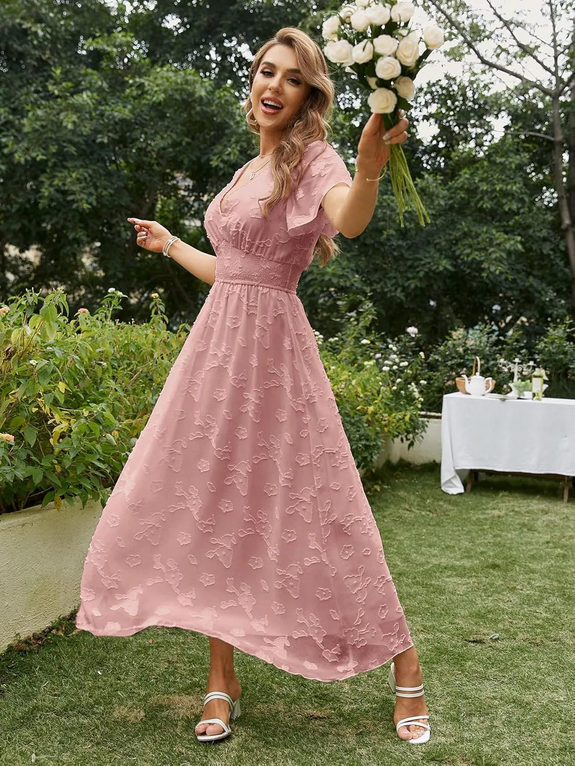 Simplee Women's Boho Floral Maxi Dress Flowy Casual V Neck Short Sleeve Wedding Guest Holiday Beach Long Dress