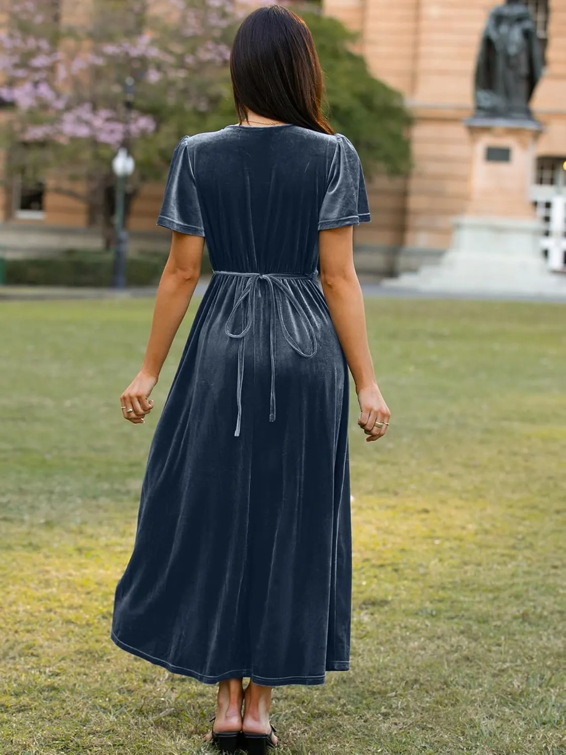 Simplee Women's Formal V Neck Wrap Short Sleeve Velvet Maxi Dress Elegant Bell Sleeve Slit Party Long Dresses