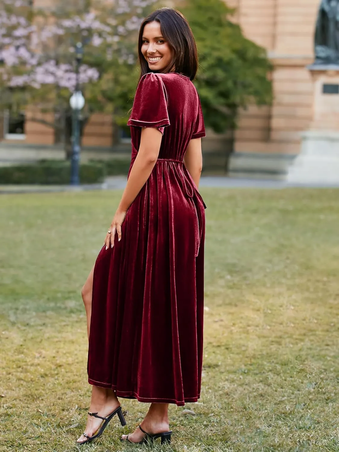 Simplee Women's Formal V Neck Wrap Short Sleeve Velvet Maxi Dress Elegant Bell Sleeve Slit Party Long Dresses