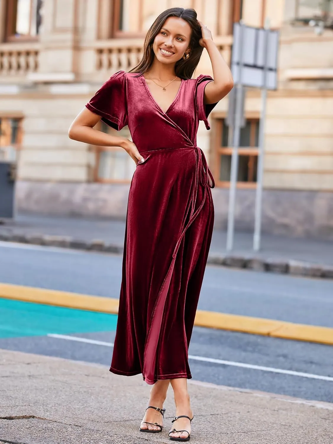 Simplee Women's Formal V Neck Wrap Short Sleeve Velvet Maxi Dress Elegant Bell Sleeve Slit Party Long Dresses
