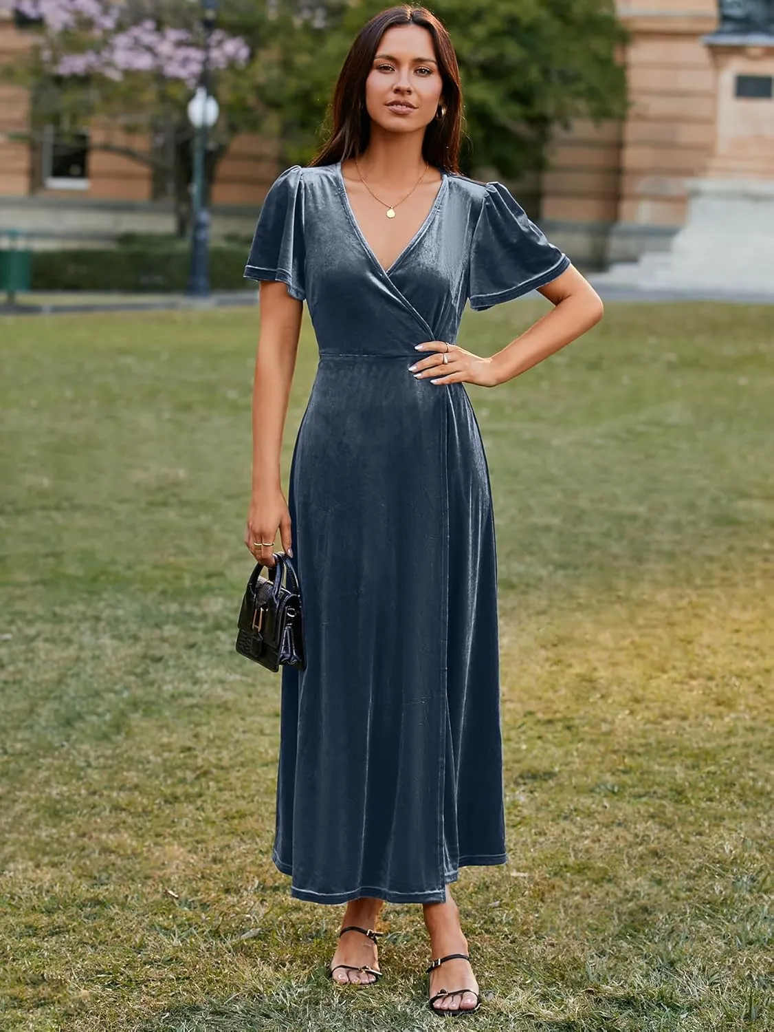 Simplee Women's Formal V Neck Wrap Short Sleeve Velvet Maxi Dress Elegant Bell Sleeve Slit Party Long Dresses
