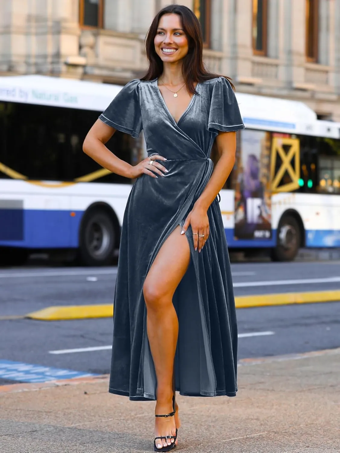 Simplee Women's Formal V Neck Wrap Short Sleeve Velvet Maxi Dress Elegant Bell Sleeve Slit Party Long Dresses