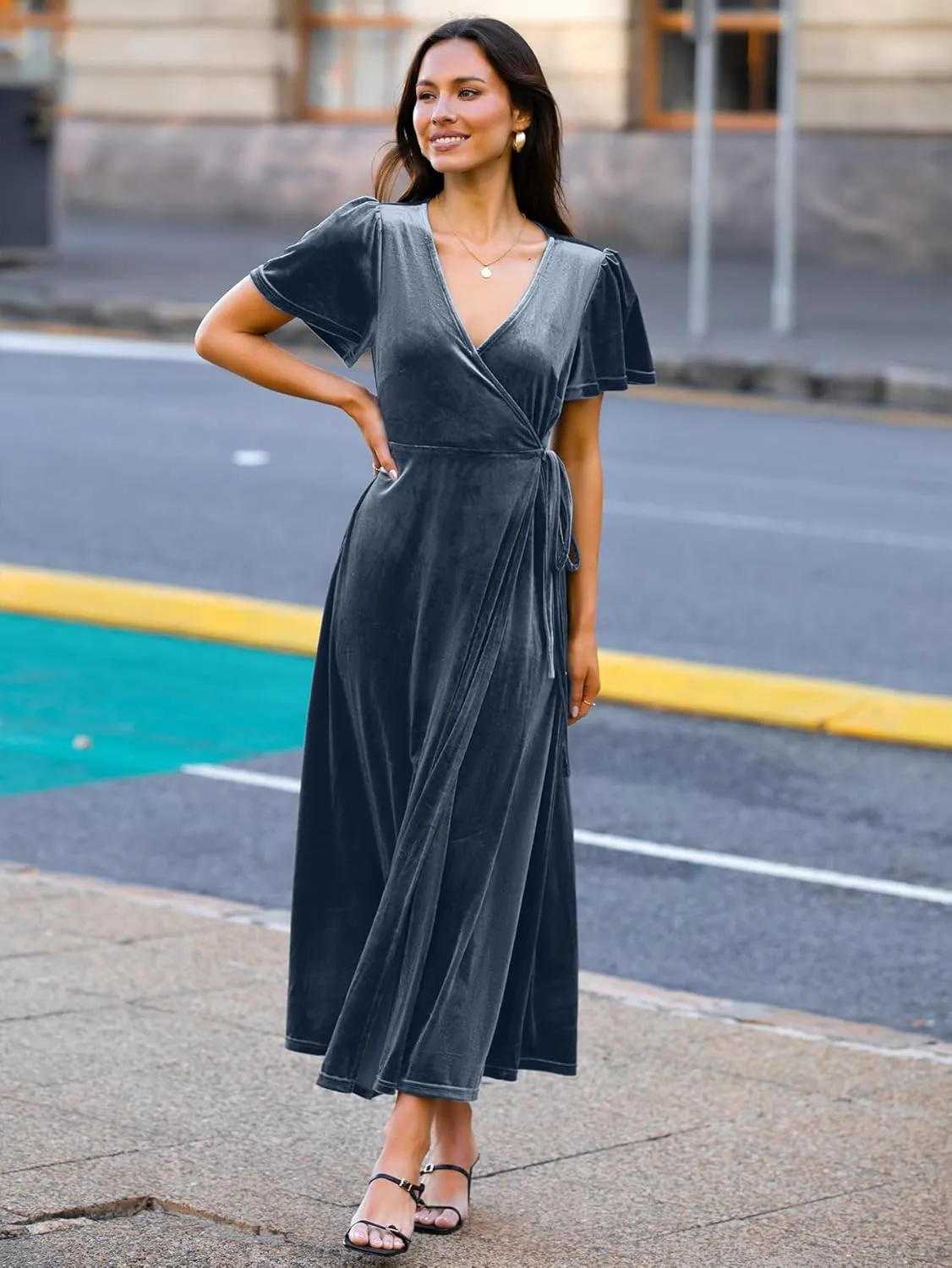 Simplee Women's Formal V Neck Wrap Short Sleeve Velvet Maxi Dress Elegant Bell Sleeve Slit Party Long Dresses