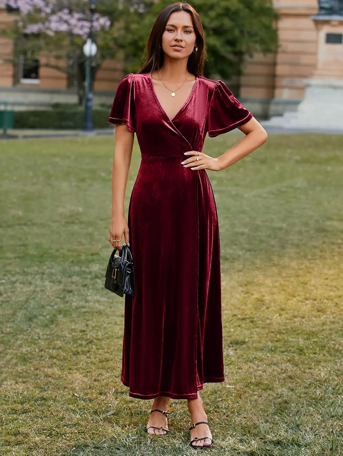 Simplee Women's Formal V Neck Wrap Short Sleeve Velvet Maxi Dress Elegant Bell Sleeve Slit Party Long Dresses