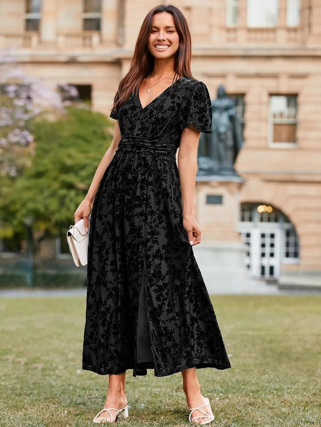Simplee Women's Velvet Maxi Dress V Neck Short Sleeve Empire Waist Semi Formal Long Cocktail Dresses