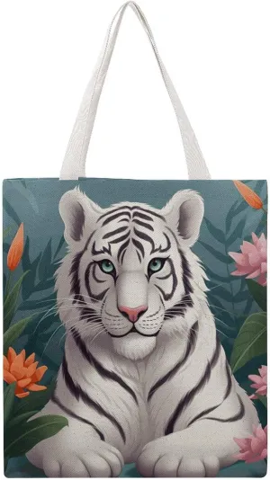 Single Canvas Shopping Bag,Cute White Tige Print Cotton Tote Bag,practical Large Capacity Tote Bag,ladies Tote Bag