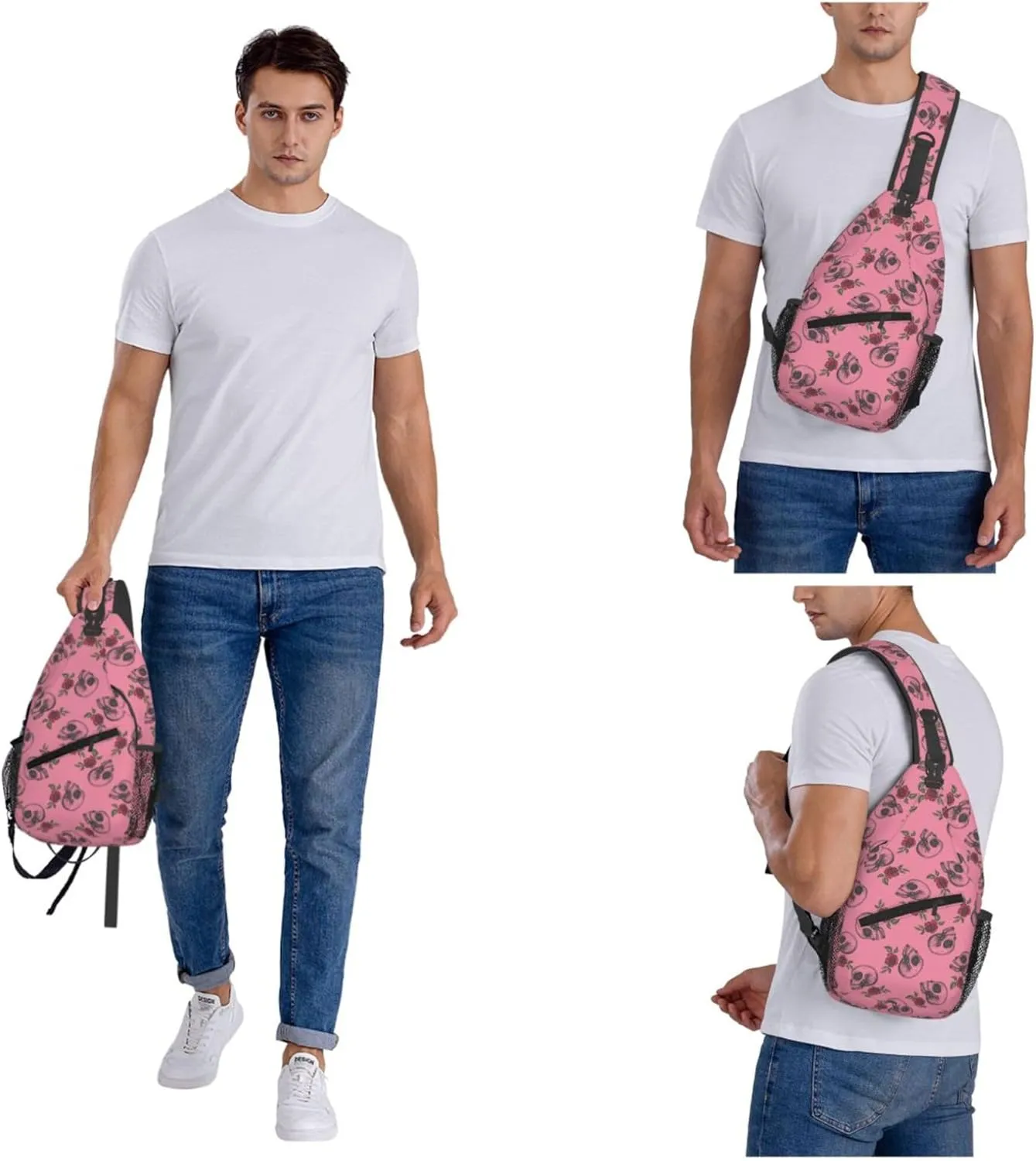 Skull Rose Flower Sling Backpack Crossbody Bag, Chest Bag Daypack for Outdoors Hiking Traveling