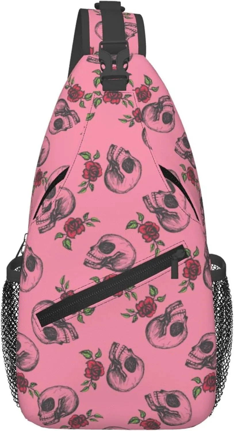 Skull Rose Flower Sling Backpack Crossbody Bag, Chest Bag Daypack for Outdoors Hiking Traveling