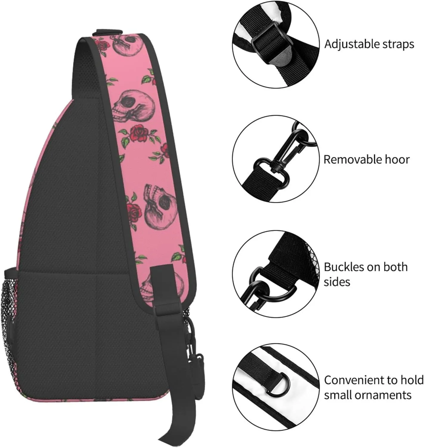 Skull Rose Flower Sling Backpack Crossbody Bag, Chest Bag Daypack for Outdoors Hiking Traveling