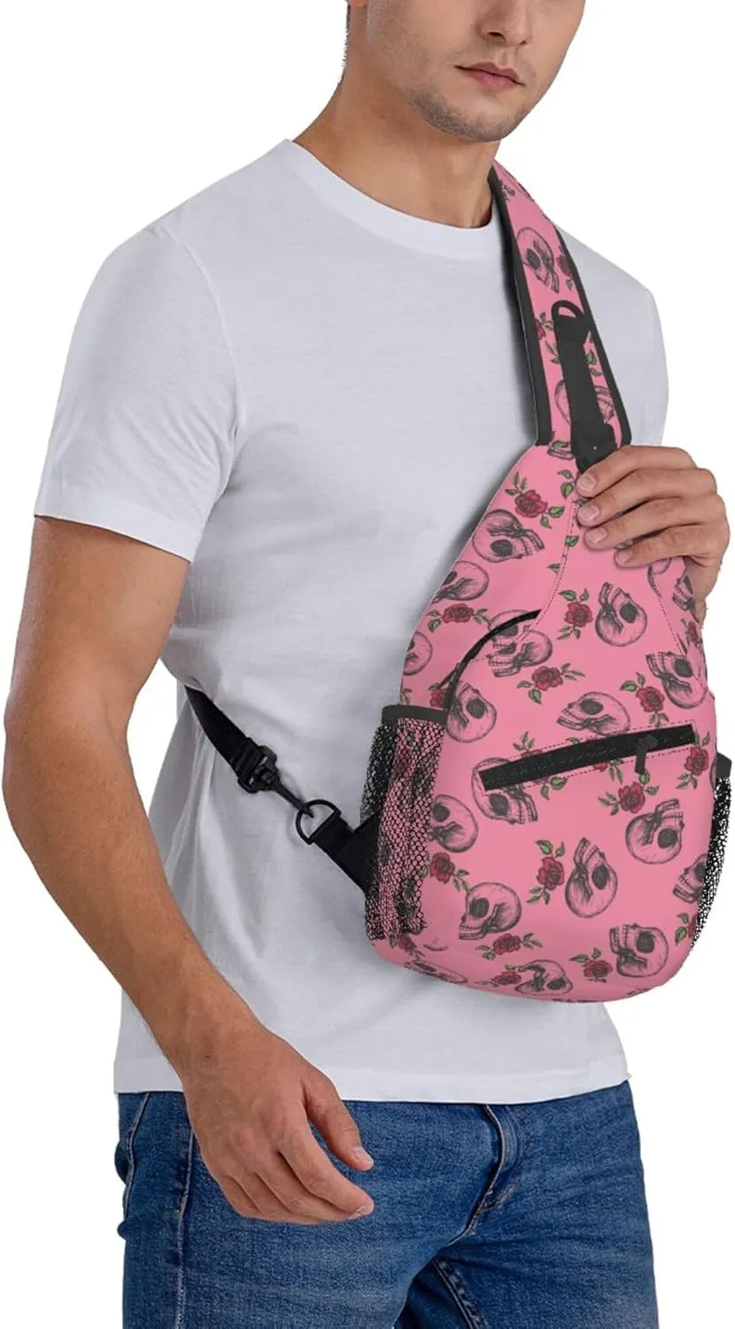 Skull Rose Flower Sling Backpack Crossbody Bag, Chest Bag Daypack for Outdoors Hiking Traveling