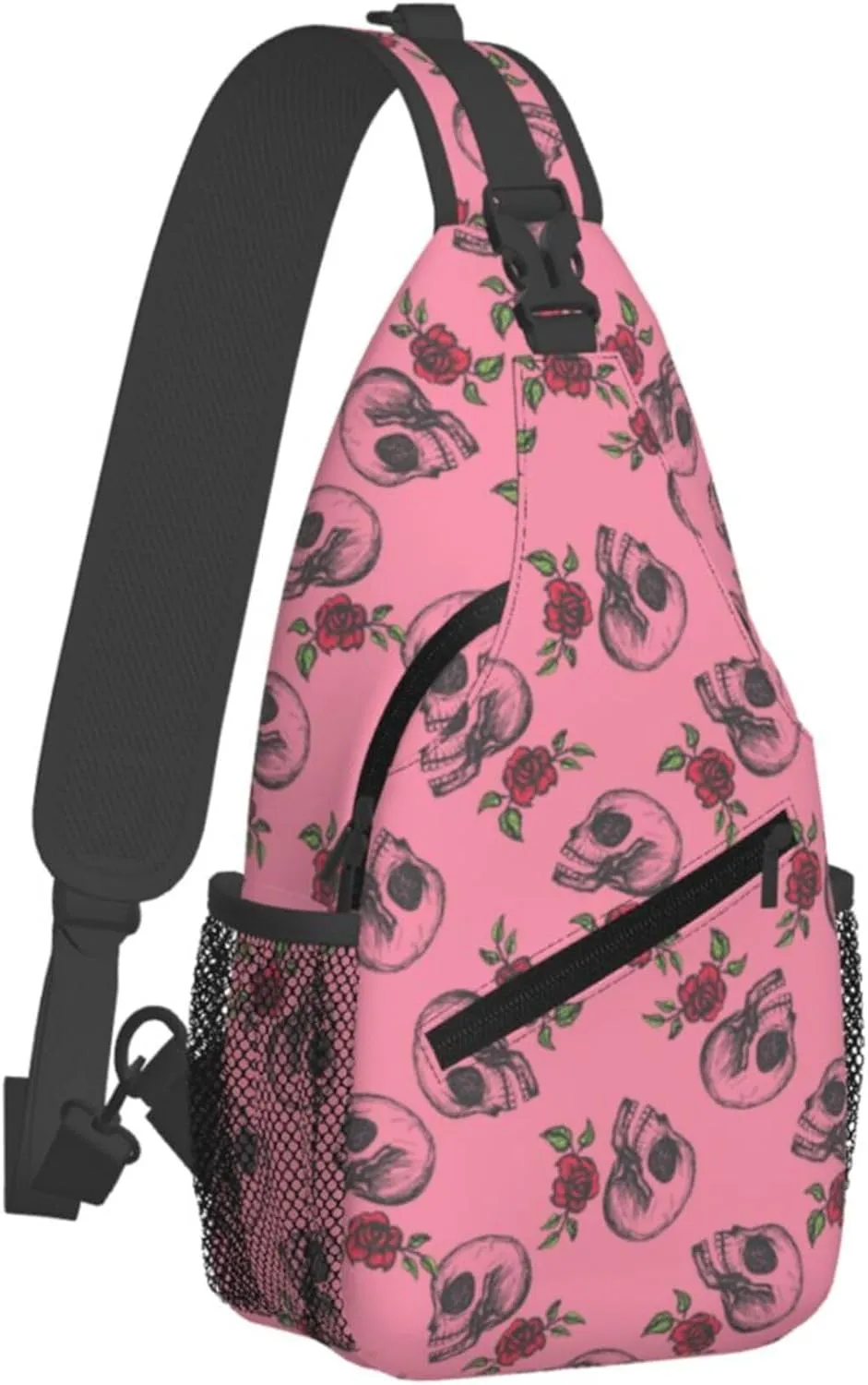 Skull Rose Flower Sling Backpack Crossbody Bag, Chest Bag Daypack for Outdoors Hiking Traveling