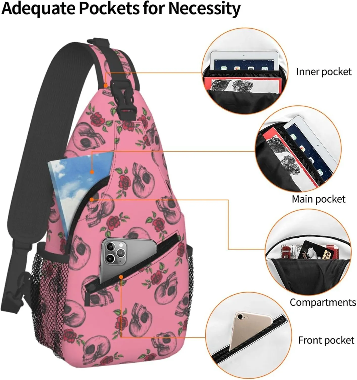 Skull Rose Flower Sling Backpack Crossbody Bag, Chest Bag Daypack for Outdoors Hiking Traveling